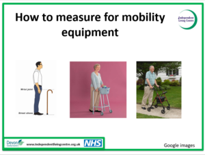 Three images of people with different walking aids. From the left, the first photo is of a man with a walking stick in front of him showing the height of the walking stick with his wrist joint. The second photo is of a woman holding on to a wheeled zimmer frame with a Buckingham caddy attached at the front of the frame. And the third photograph is of a man pushing a 4-wheeled walker.